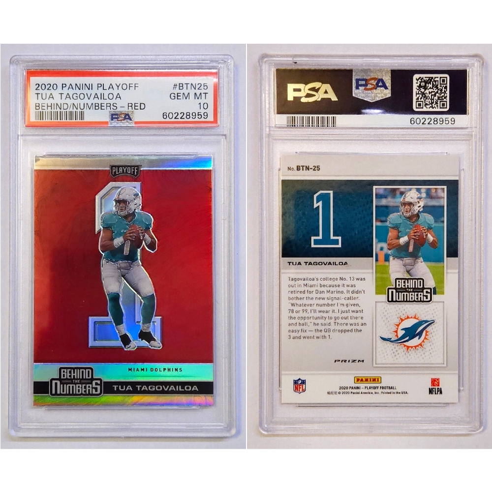 2020 Panini Playoff - Tua Tagovailoa Behind The Numbers (Red) Rookie (RC) PSA 10
